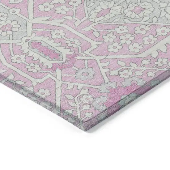 8' Pink Ivory And Gray Round Floral Washable Indoor Outdoor Area Rug Photo 5