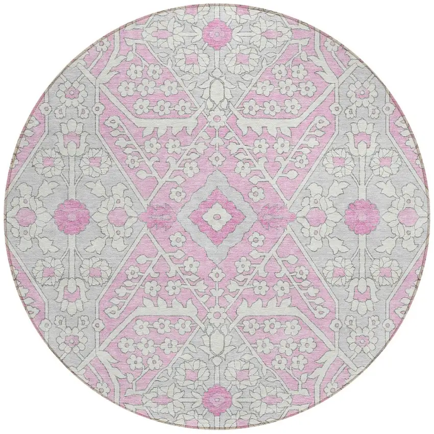 8' Pink Ivory And Gray Round Floral Washable Indoor Outdoor Area Rug Photo 8