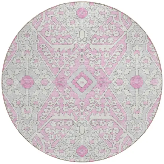 8' Pink Ivory And Gray Round Floral Washable Indoor Outdoor Area Rug Photo 8
