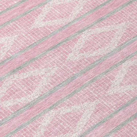 8' Pink Ivory And Gray Round Geometric Washable Indoor Outdoor Area Rug Photo 8