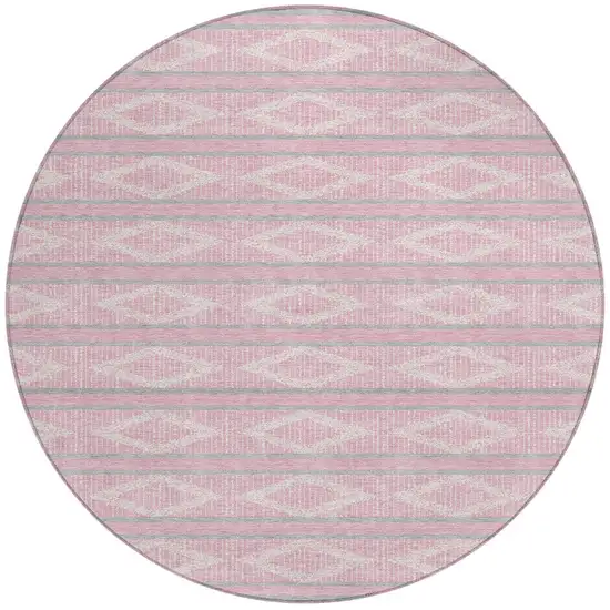 8' Pink Ivory And Gray Round Geometric Washable Indoor Outdoor Area Rug Photo 5
