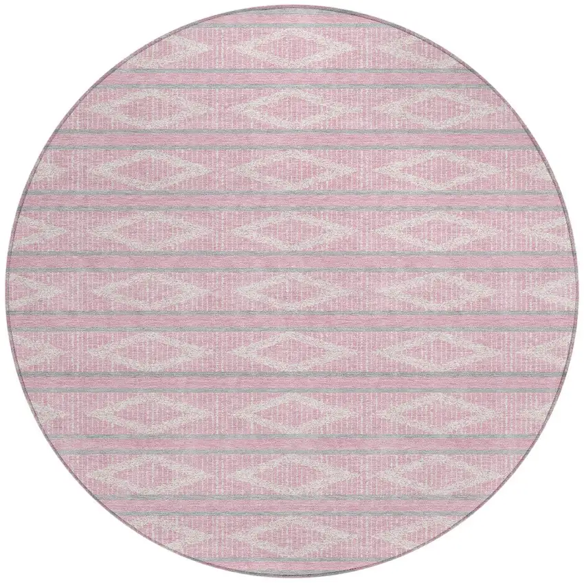 8' Pink Ivory And Gray Round Geometric Washable Indoor Outdoor Area Rug Photo 5