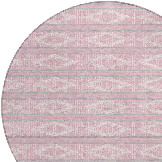 8' Pink Ivory And Gray Round Geometric Washable Indoor Outdoor Area Rug Photo 4