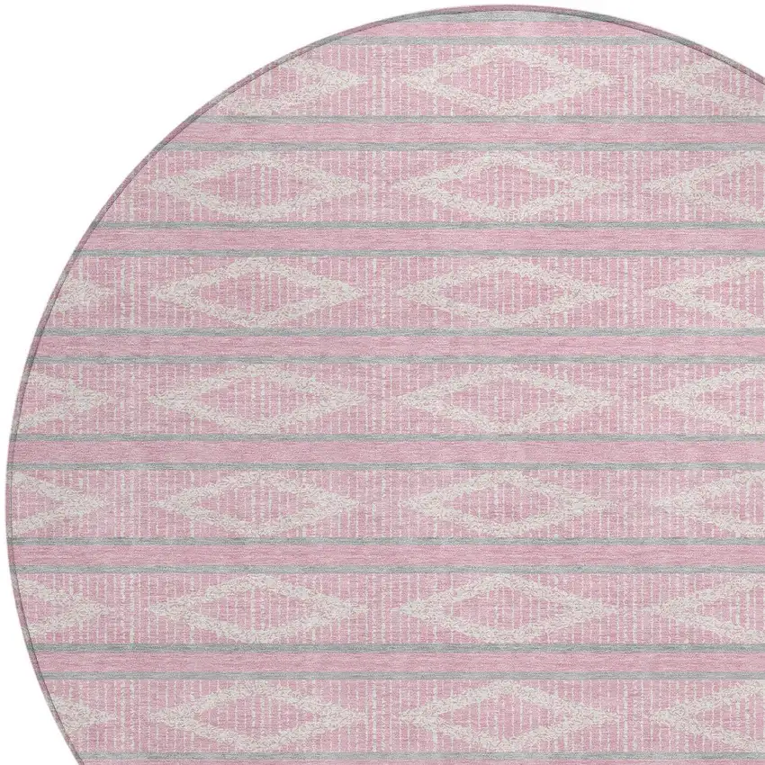 8' Pink Ivory And Gray Round Geometric Washable Indoor Outdoor Area Rug Photo 4