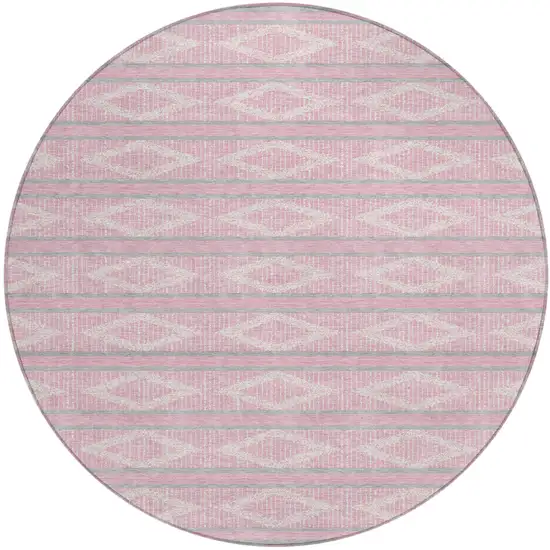 8' Pink Ivory And Gray Round Geometric Washable Indoor Outdoor Area Rug Photo 2