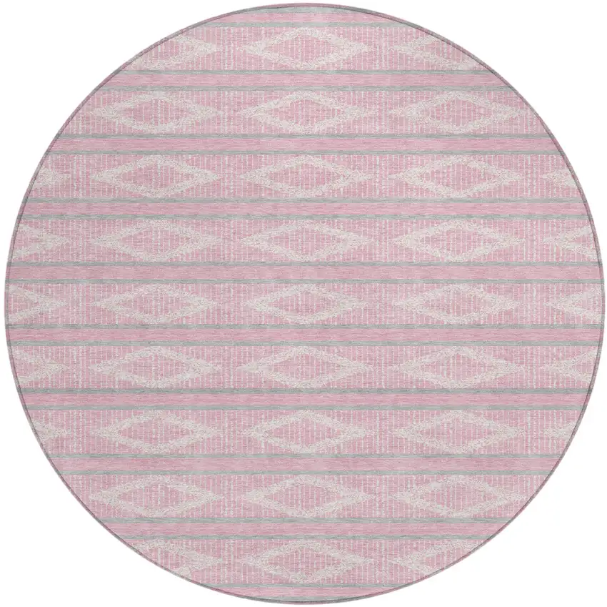 8' Pink Ivory And Gray Round Geometric Washable Indoor Outdoor Area Rug Photo 2