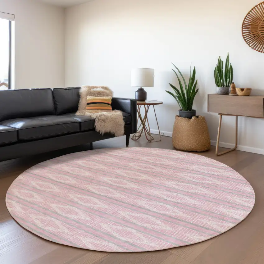 8' Pink Ivory And Gray Round Geometric Washable Indoor Outdoor Area Rug Photo 7