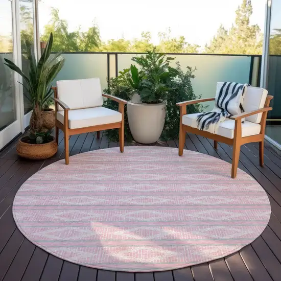 8' Pink Ivory And Gray Round Geometric Washable Indoor Outdoor Area Rug Photo 6