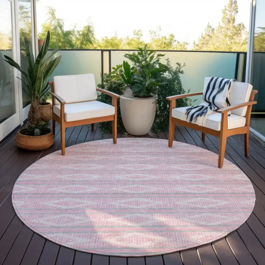 8' Pink Ivory And Gray Round Geometric Washable Indoor Outdoor Area Rug Photo 6