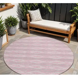 Photo of 8' Pink Ivory And Gray Round Geometric Washable Indoor Outdoor Area Rug