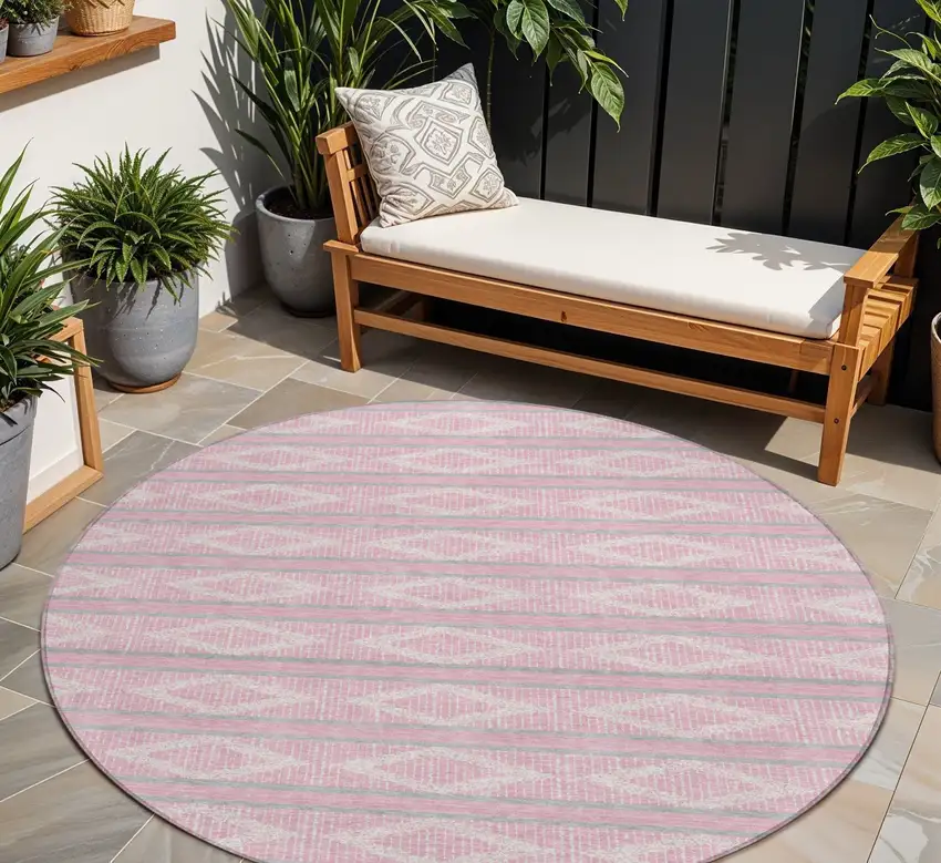 8' Pink Ivory And Gray Round Geometric Washable Indoor Outdoor Area Rug Photo 1