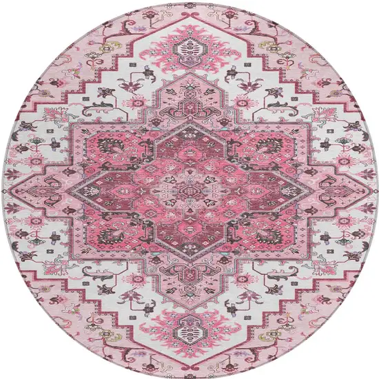 8' Pink Ivory And Gray Round Oriental Washable Indoor Outdoor Area Rug Photo 6