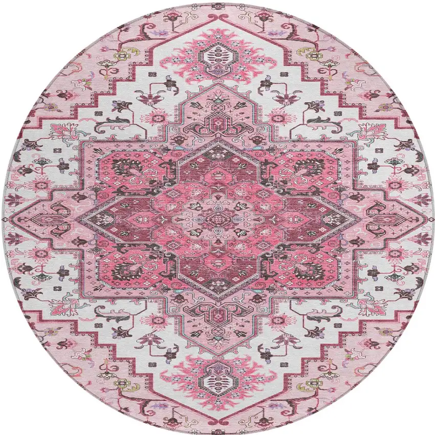 8' Pink Ivory And Gray Round Oriental Washable Indoor Outdoor Area Rug Photo 6