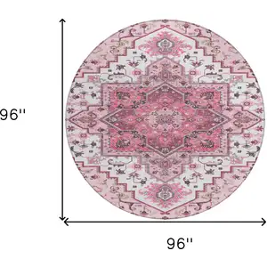 Photo of 8' Pink Ivory And Gray Round Oriental Washable Indoor Outdoor Area Rug
