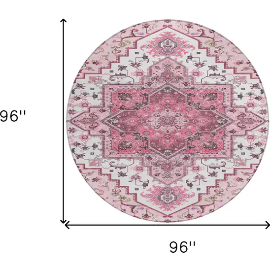 8' Pink Ivory And Gray Round Oriental Washable Indoor Outdoor Area Rug Photo 3