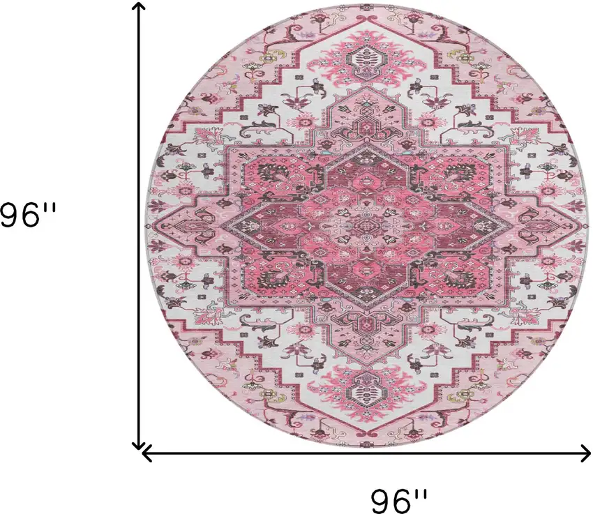 8' Pink Ivory And Gray Round Oriental Washable Indoor Outdoor Area Rug Photo 3