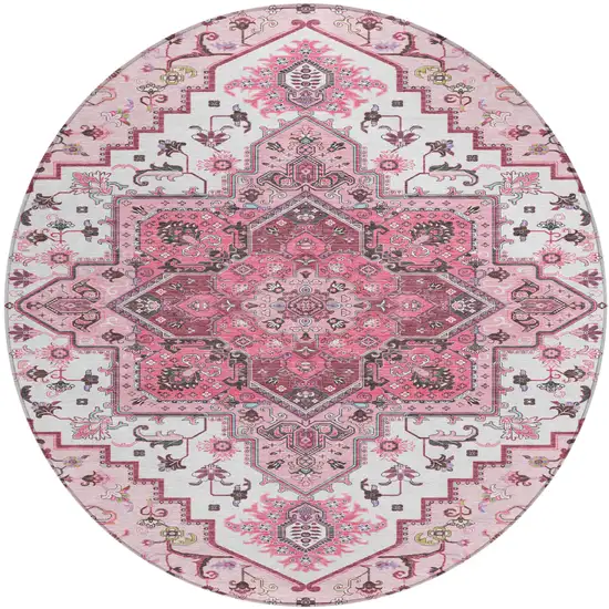 8' Pink Ivory And Gray Round Oriental Washable Indoor Outdoor Area Rug Photo 2