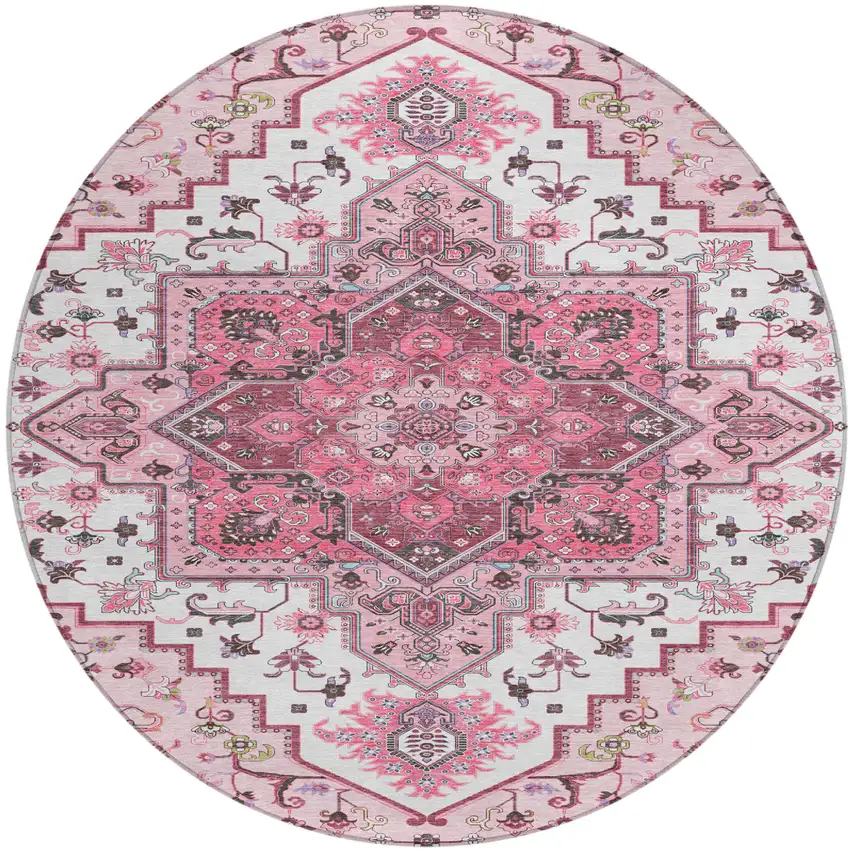 8' Pink Ivory And Gray Round Oriental Washable Indoor Outdoor Area Rug Photo 2