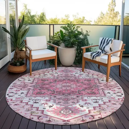 8' Pink Ivory And Gray Round Oriental Washable Indoor Outdoor Area Rug Photo 7