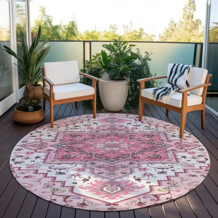 8' Pink Ivory And Gray Round Oriental Washable Indoor Outdoor Area Rug Photo 7