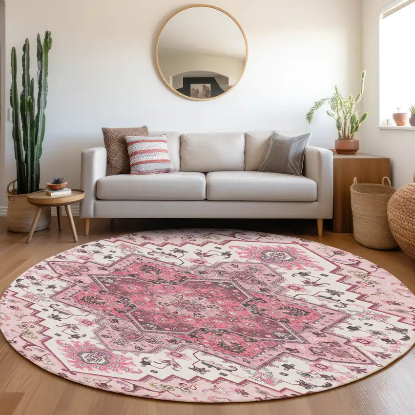 8' Pink Ivory And Gray Round Oriental Washable Indoor Outdoor Area Rug Photo 8