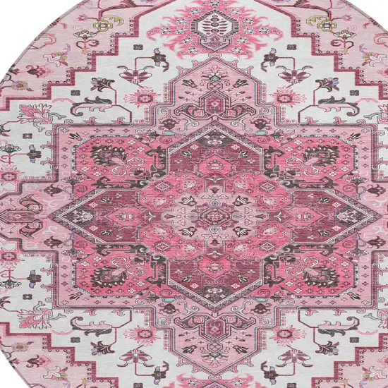 8' Pink Ivory And Gray Round Oriental Washable Indoor Outdoor Area Rug Photo 4
