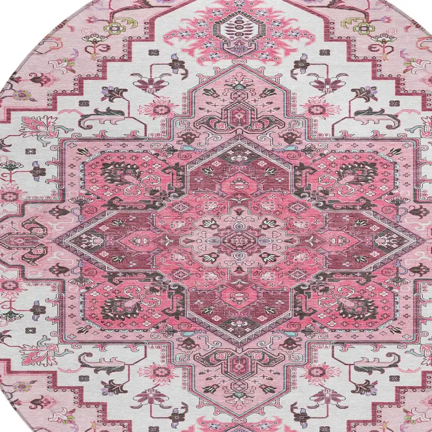 8' Pink Ivory And Gray Round Oriental Washable Indoor Outdoor Area Rug Photo 4