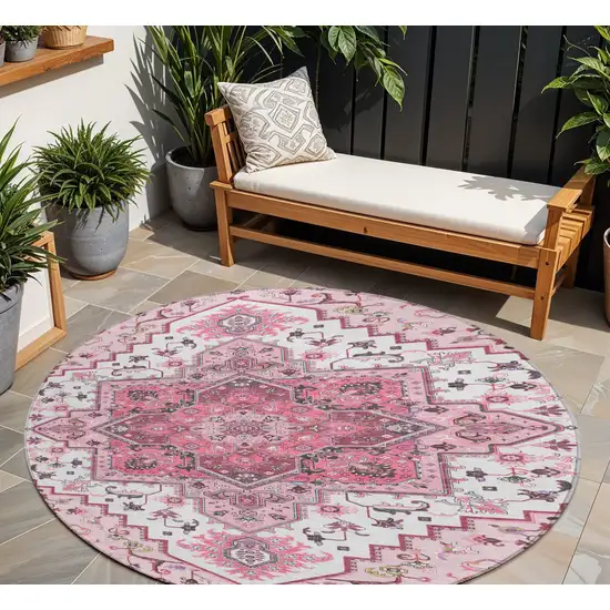 8' Pink Ivory And Gray Round Oriental Washable Indoor Outdoor Area Rug Photo 1