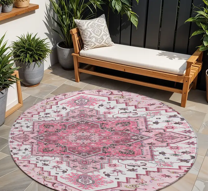 8' Pink Ivory And Gray Round Oriental Washable Indoor Outdoor Area Rug Photo 1