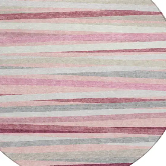 8' Pink Ivory And Gray Round Striped Washable Indoor Outdoor Area Rug Photo 6