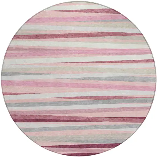 8' Pink Ivory And Gray Round Striped Washable Indoor Outdoor Area Rug Photo 2