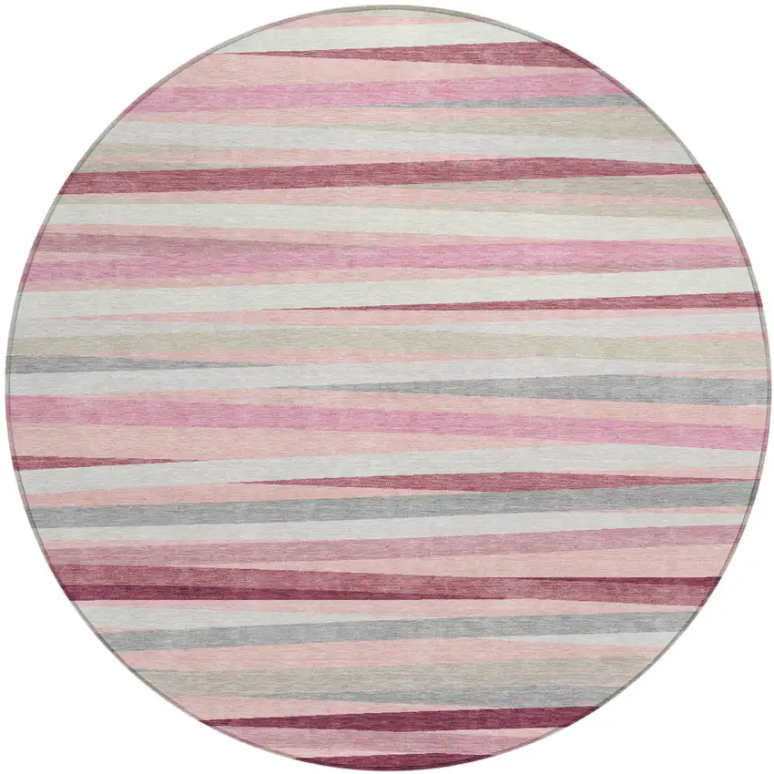 8' Pink Ivory And Gray Round Striped Washable Indoor Outdoor Area Rug Photo 2