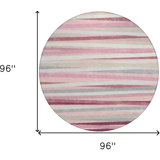 8' Pink Ivory And Gray Round Striped Washable Indoor Outdoor Area Rug Photo 3