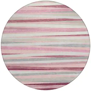 Photo of 8' Pink Ivory And Gray Round Striped Washable Indoor Outdoor Area Rug