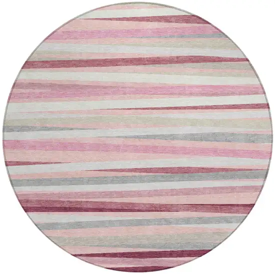 8' Pink Ivory And Gray Round Striped Washable Indoor Outdoor Area Rug Photo 7