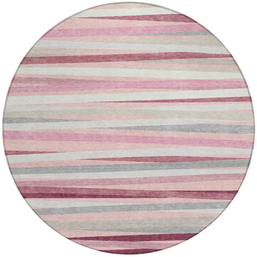 8' Pink Ivory And Gray Round Striped Washable Indoor Outdoor Area Rug Photo 7