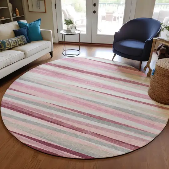 8' Pink Ivory And Gray Round Striped Washable Indoor Outdoor Area Rug Photo 9
