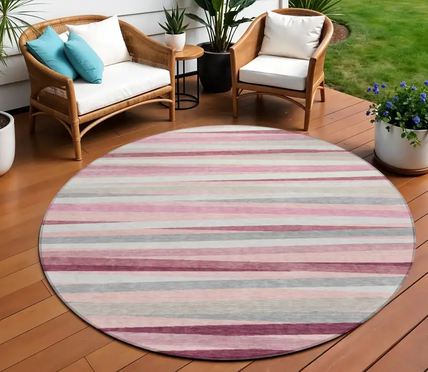 8' Pink Ivory And Gray Round Striped Washable Indoor Outdoor Area Rug Photo 1