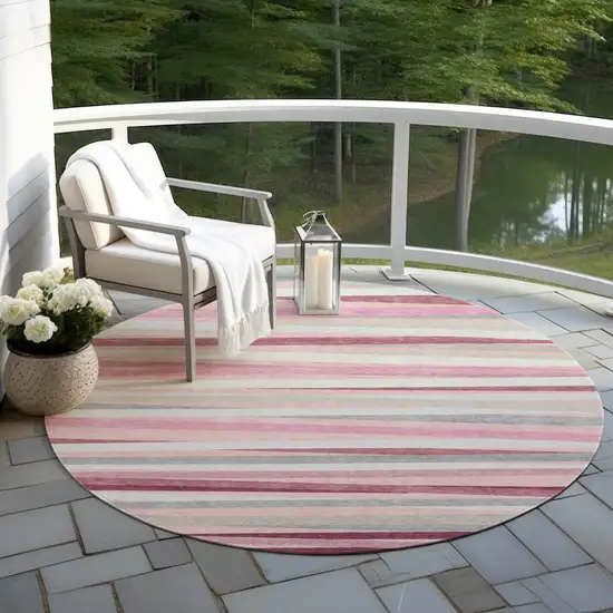 8' Pink Ivory And Gray Round Striped Washable Indoor Outdoor Area Rug Photo 8