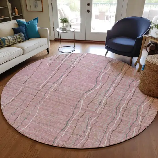 8' Pink Ivory And Gray Round Striped Washable Indoor Outdoor Area Rug Photo 7