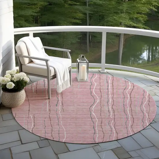 8' Pink Ivory And Gray Round Striped Washable Indoor Outdoor Area Rug Photo 6