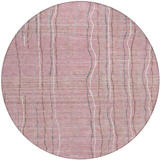 8' Pink Ivory And Gray Round Striped Washable Indoor Outdoor Area Rug Photo 2