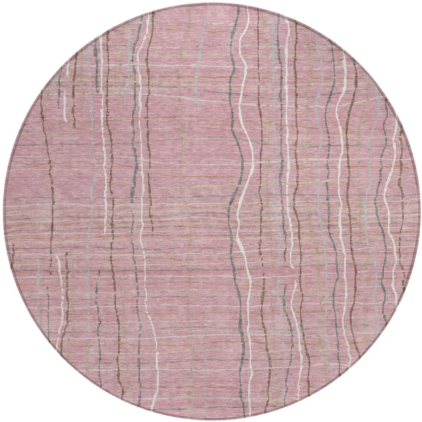 8' Pink Ivory And Gray Round Striped Washable Indoor Outdoor Area Rug Photo 2