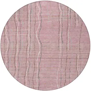 Photo of 8' Pink Ivory And Gray Round Striped Washable Indoor Outdoor Area Rug