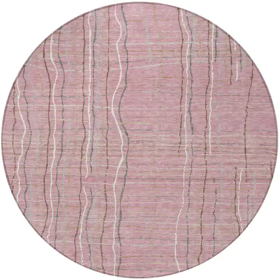 8' Pink Ivory And Gray Round Striped Washable Indoor Outdoor Area Rug Photo 5