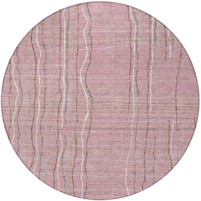 8' Pink Ivory And Gray Round Striped Washable Indoor Outdoor Area Rug Photo 5