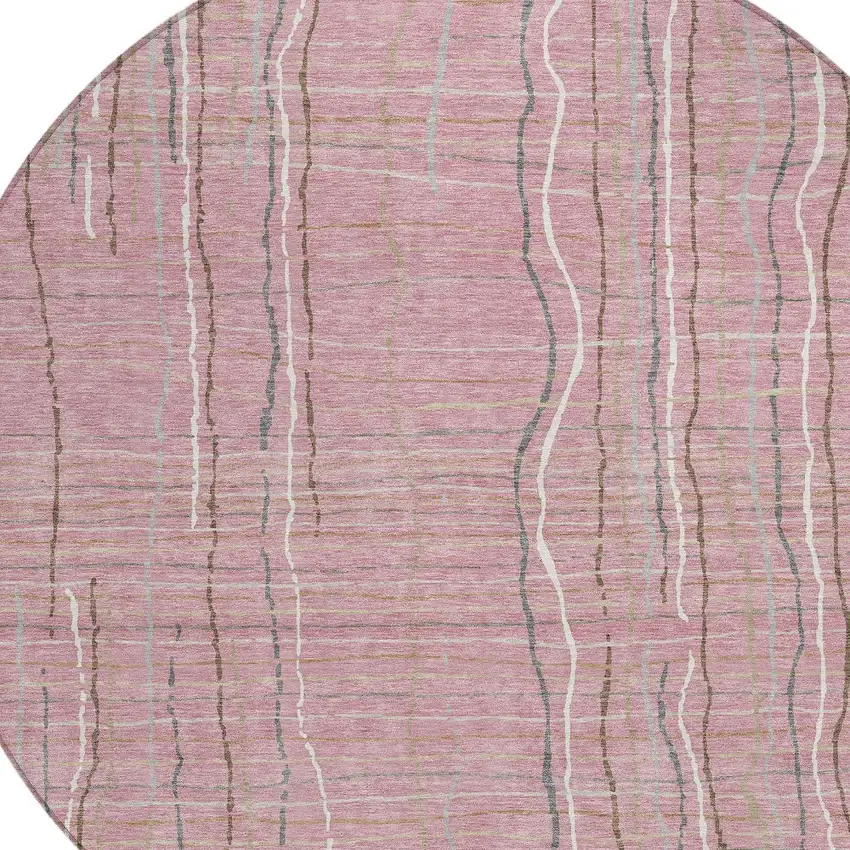 8' Pink Ivory And Gray Round Striped Washable Indoor Outdoor Area Rug Photo 4