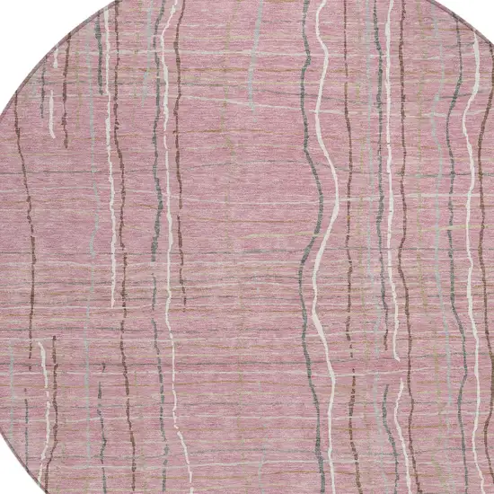 8' Pink Ivory And Gray Round Striped Washable Indoor Outdoor Area Rug Photo 4