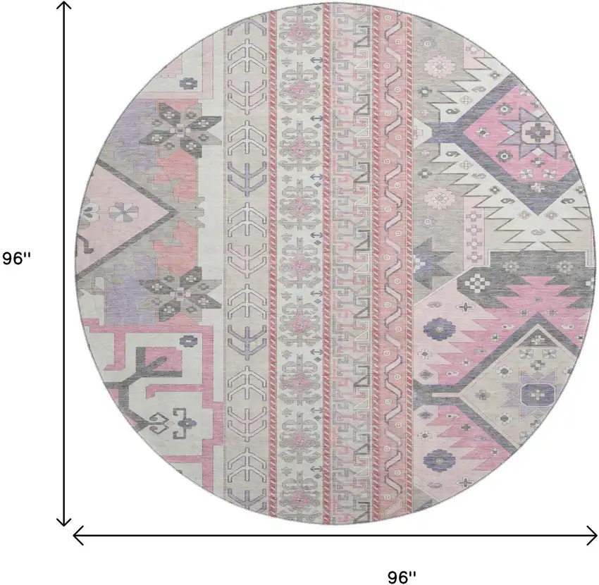 8' Pink Ivory And Gray Southwestern Washable Round Rug With UV Protection Photo 9