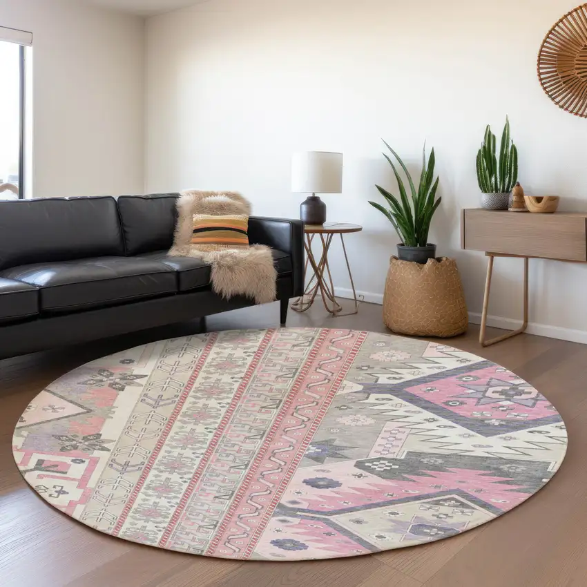 8' Pink Ivory And Gray Southwestern Washable Round Rug With UV Protection Photo 4